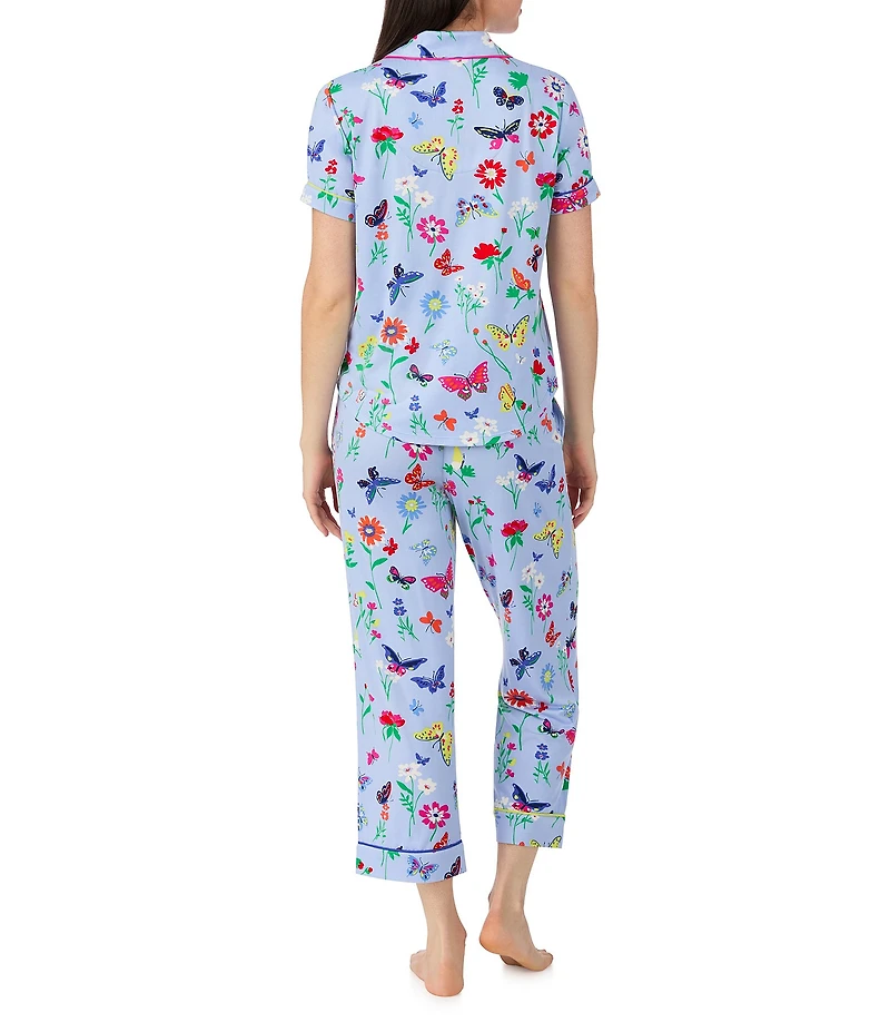kate spade new york Butterfly & Blooms Print Short Sleeve Notch Collar Jersey Knit Cropped Pajama Set