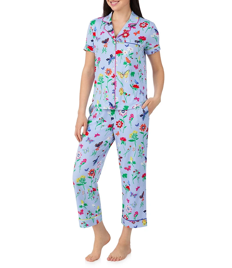 kate spade new york Butterfly & Blooms Print Short Sleeve Notch Collar Jersey Knit Cropped Pajama Set