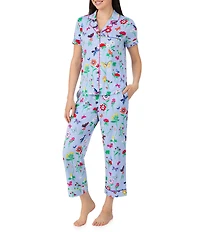 kate spade new york Butterfly & Blooms Print Short Sleeve Notch Collar Jersey Knit Cropped Pajama Set
