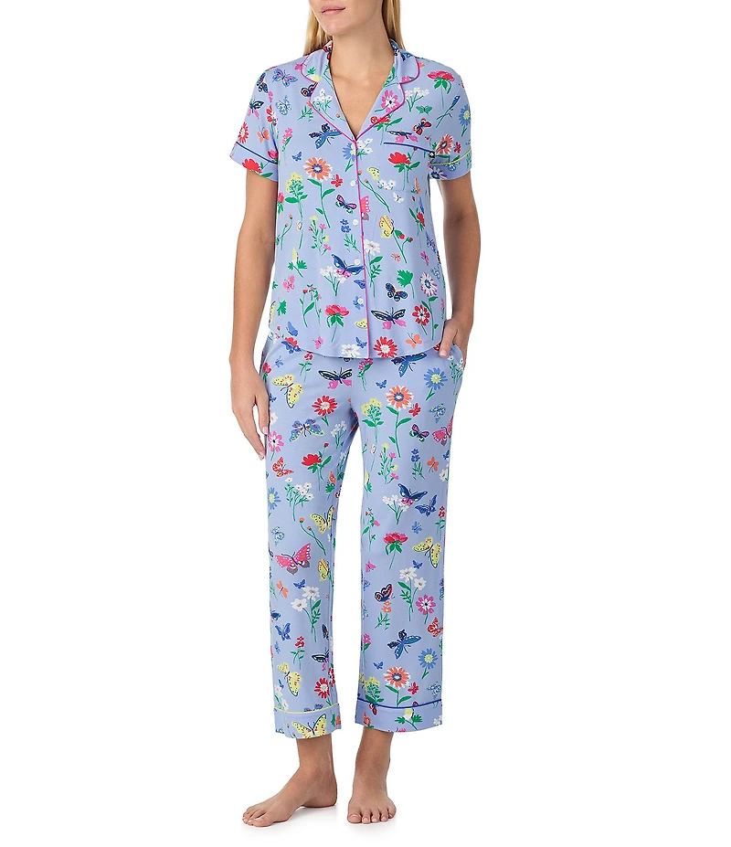 kate spade new york Butterfly & Blooms Print Short Sleeve Notch Collar Jersey Knit Cropped Pajama Set
