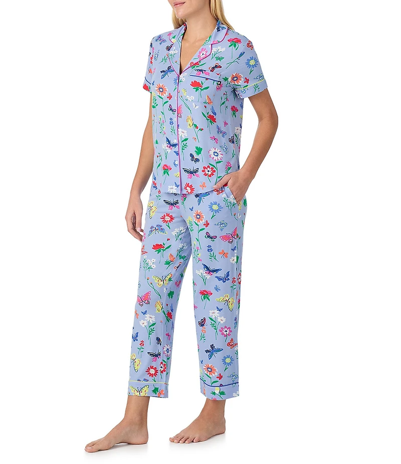 kate spade new york Butterfly & Blooms Print Short Sleeve Notch Collar Jersey Knit Cropped Pajama Set