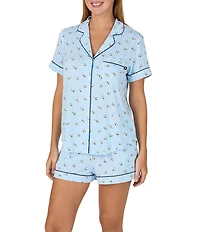 kate spade new york Buzzing Bee Stripe Print Short Sleeve Notch Collar Jersey Knit Shorty Pajama Set