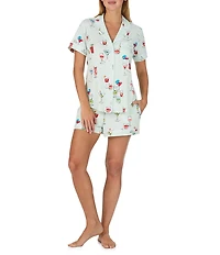 kate spade new york Cabana Cocktails Print Short Sleeve Notch Collar Brushed Jersey Knit Shorty Pajama Set