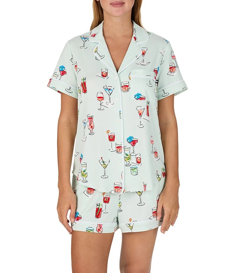 kate spade new york Cabana Cocktails Print Short Sleeve Notch Collar Brushed Jersey Knit Shorty Pajama Set
