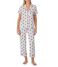 kate spade new york Charming Cherries Short Sleeve Notch Collar Button-Front Jersey Knit Cropped Pajama Set
