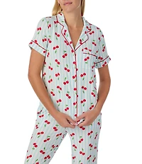 kate spade new york Charming Cherries Short Sleeve Notch Collar Button-Front Jersey Knit Cropped Pajama Set