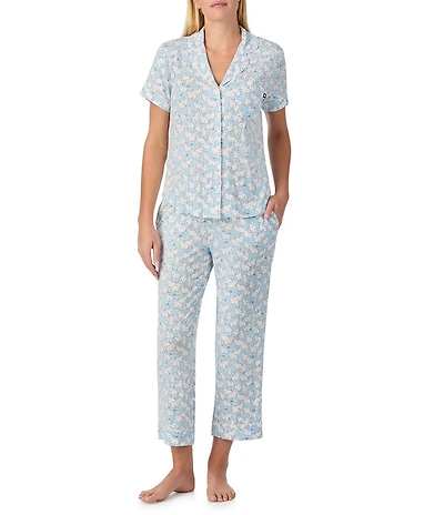 kate spade new york Cheerful Bunnies Print Short Sleeve Notch Collar Jersey Knit Cropped Pajama Set