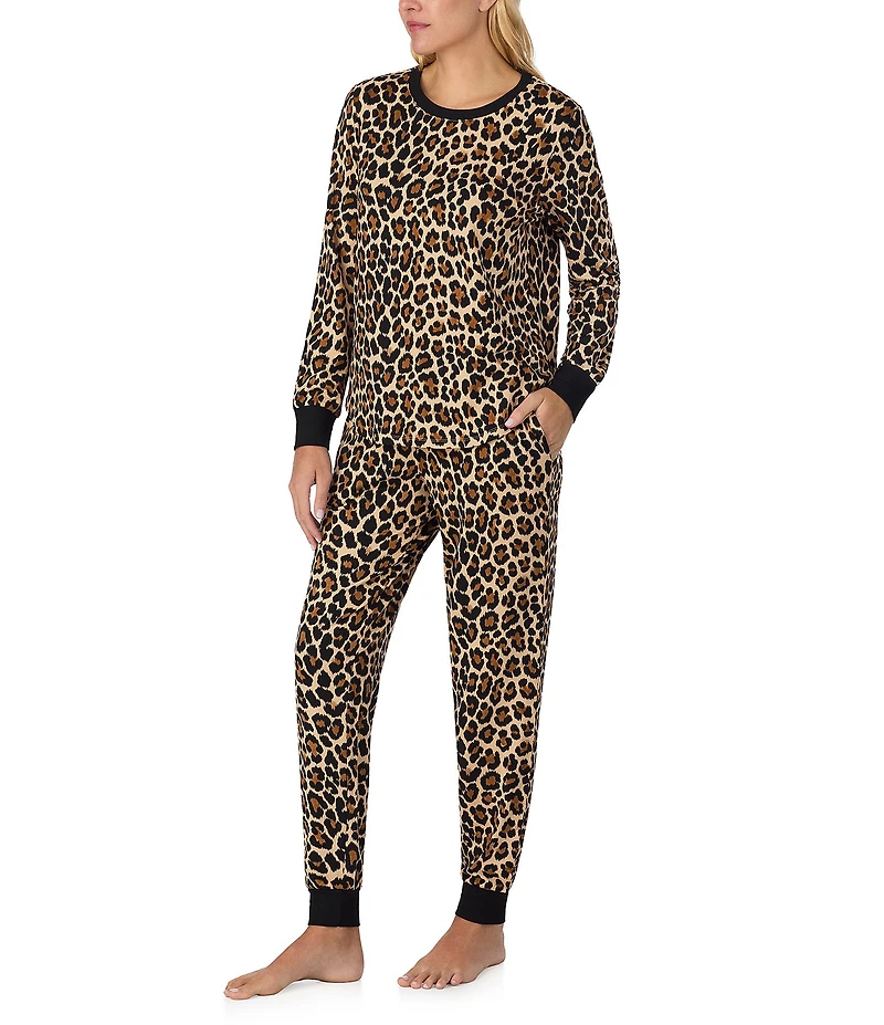 kate spade new york Cheetah Print Long Sleeve Crew Neck Top & Jogger Long Knit Holiday Pajama Set