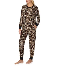 kate spade new york Cheetah Print Long Sleeve Crew Neck Top & Jogger Long Knit Holiday Pajama Set