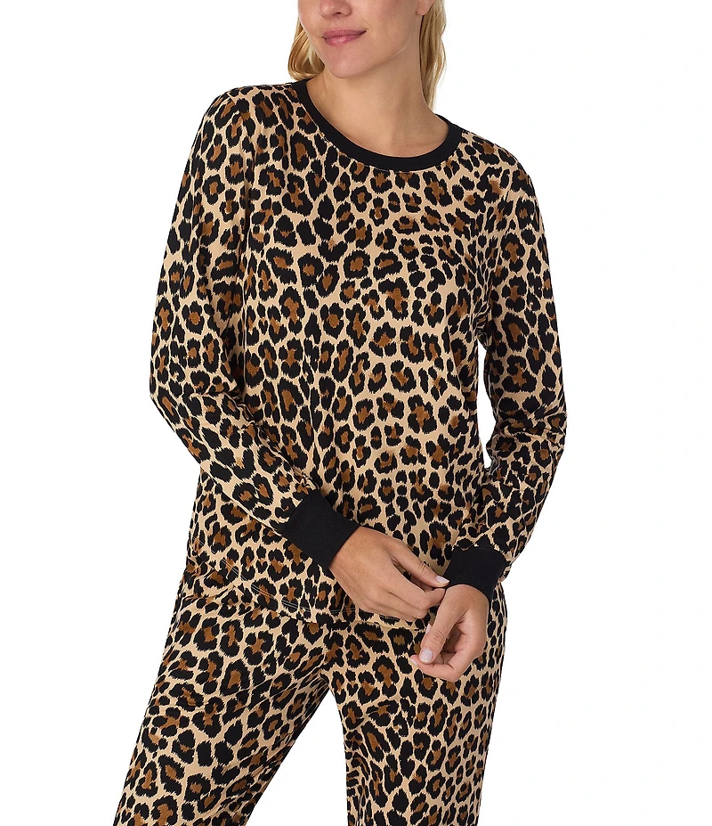kate spade new york Cheetah Print Long Sleeve Crew Neck Top & Jogger Long Knit Holiday Pajama Set