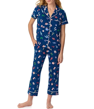 kate spade new york City Essentials Print Short Sleeve Notch Collar Brushed Jersey Knit Cropped Pajama Set