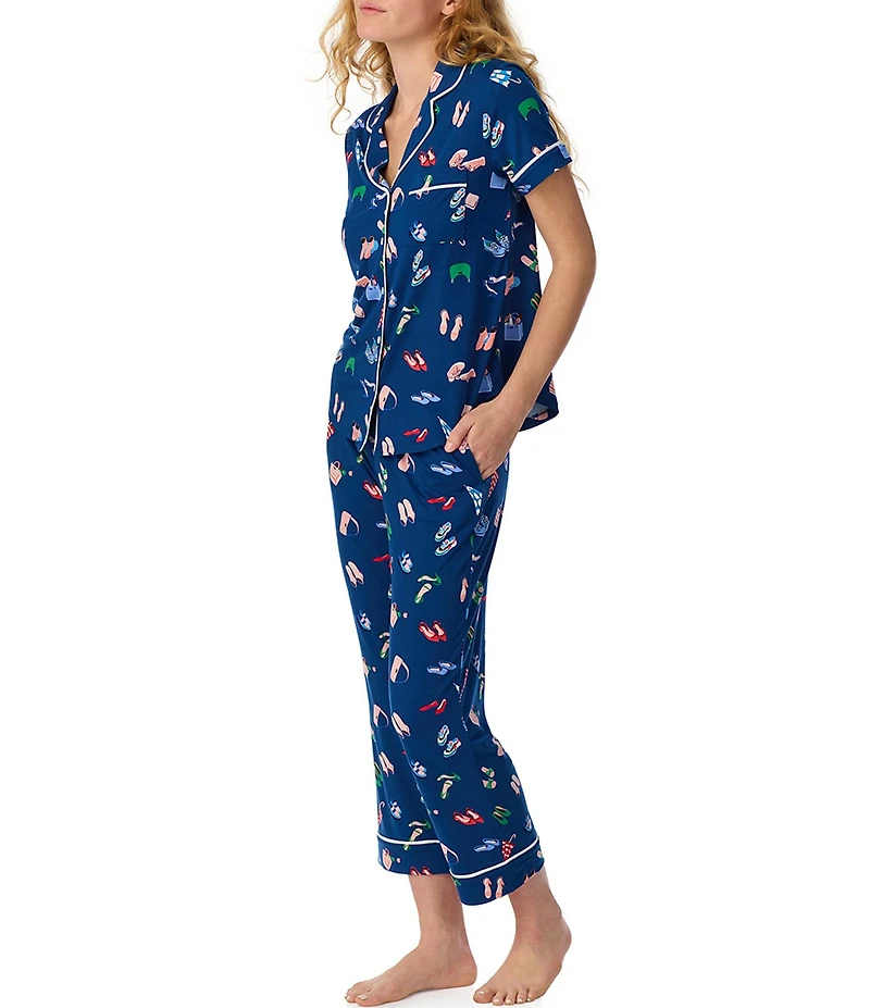 kate spade new york City Essentials Print Short Sleeve Notch Collar Brushed Jersey Knit Cropped Pajama Set