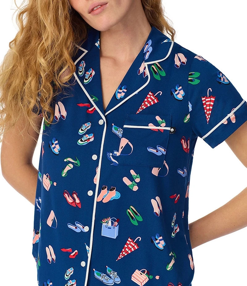 kate spade new york City Essentials Print Short Sleeve Notch Collar Brushed Jersey Knit Shorty Pajama Set