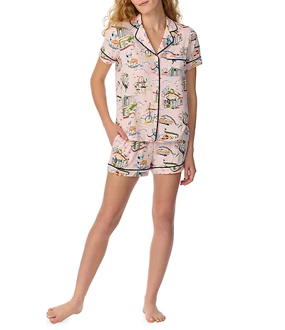 kate spade new york City Stroll Print Short Sleeve Notch Collar Brushed Jersey Knit Shorty Pajama Set