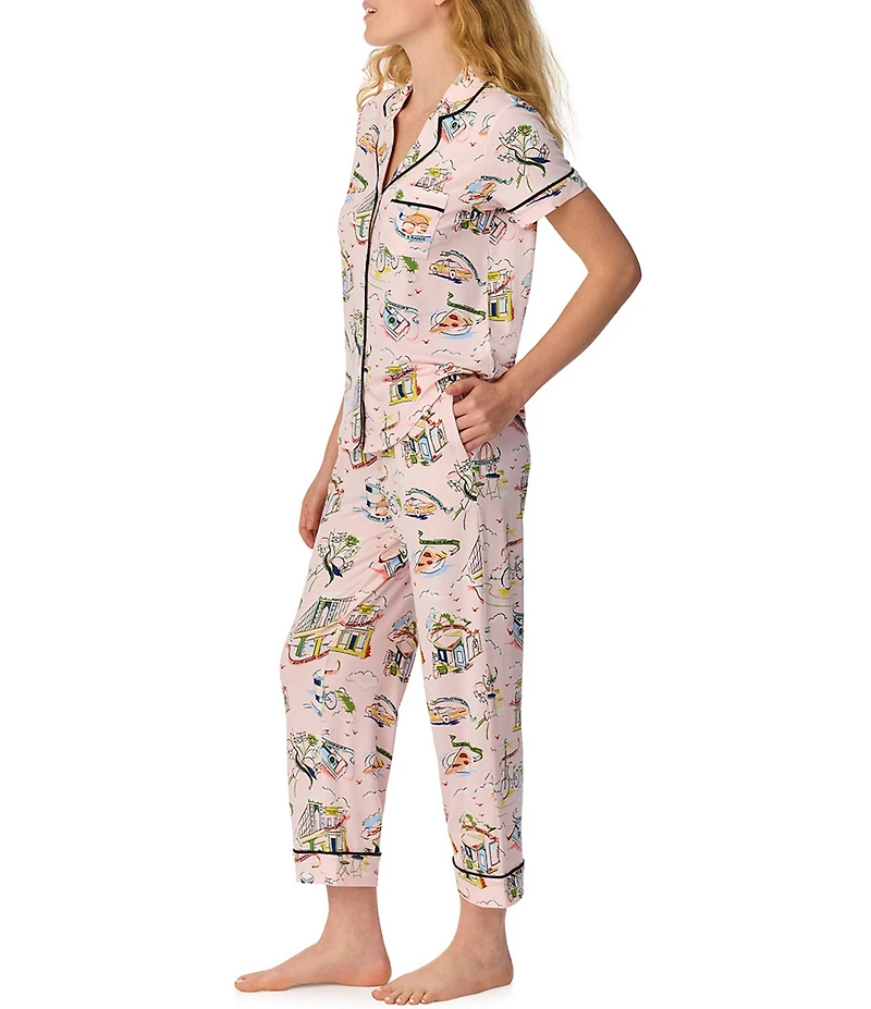 kate spade new york City Strolls Print Short Sleeve Notch Collar Brushed Jersey Knit Cropped Pajama Set