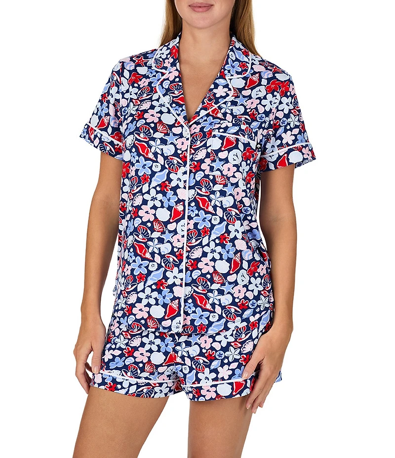 kate spade new york Coastal Gems Print Short Sleeve Notch Collar Brushed Jersey Knit Shorty Pajama Set