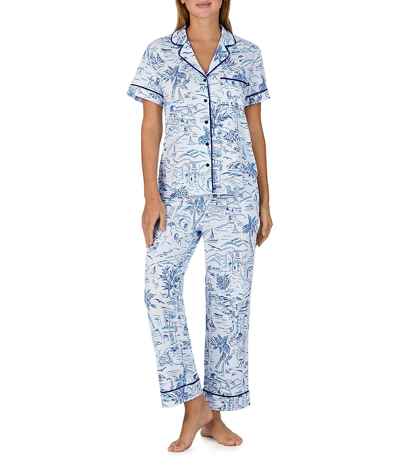 kate spade new york Coastal Toile Print Short Sleeve Notch Collar Brushed Jersey Knit Cropped Pajama Set
