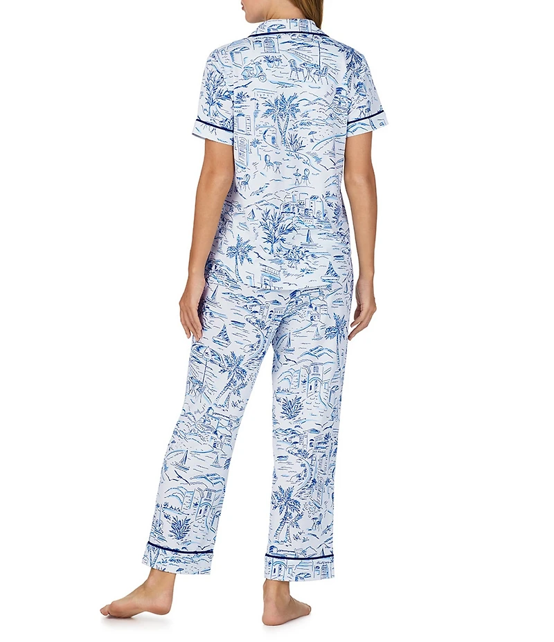 kate spade new york Coastal Toile Print Short Sleeve Notch Collar Brushed Jersey Knit Cropped Pajama Set