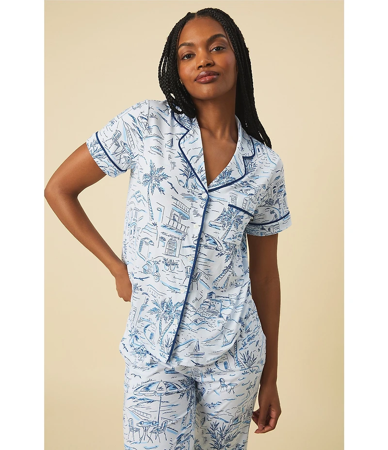 kate spade new york Coastal Toile Print Short Sleeve Notch Collar Brushed Jersey Knit Cropped Pajama Set