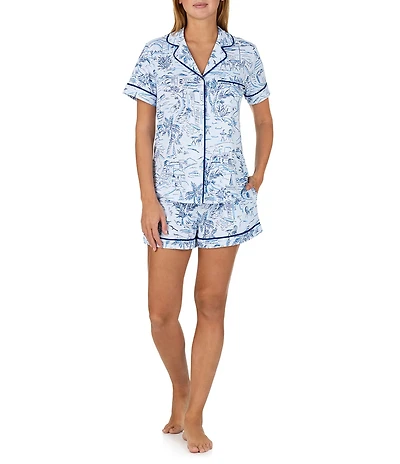 kate spade new york Coastal Toile Print Short Sleeve Notch Collar Brushed Jersey Knit Shorty Pajama Set