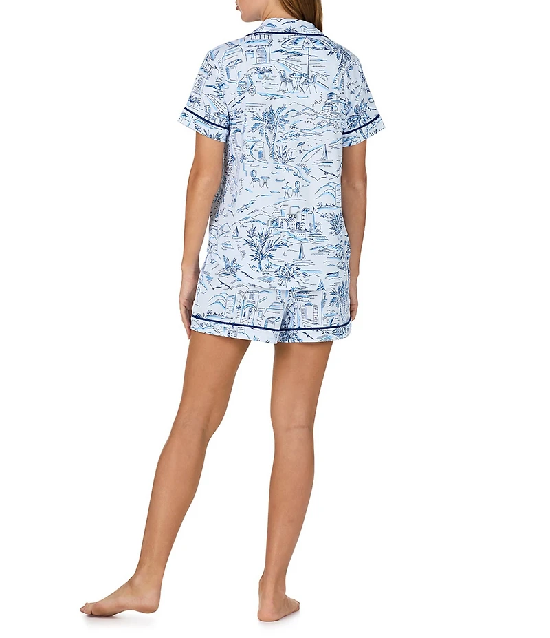 kate spade new york Coastal Toile Print Short Sleeve Notch Collar Brushed Jersey Knit Shorty Pajama Set