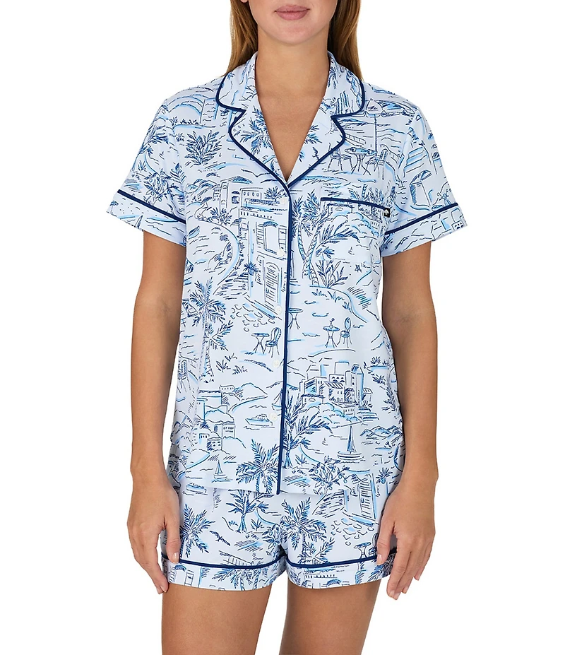 kate spade new york Coastal Toile Print Short Sleeve Notch Collar Brushed Jersey Knit Shorty Pajama Set