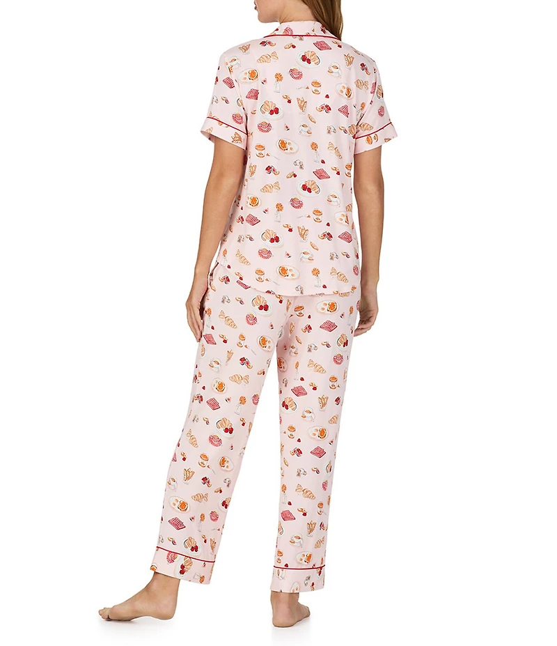 kate spade new york Coffee & Croissants Print Short Sleeve Notch Collar Jersey Knit Cropped Pajama Set