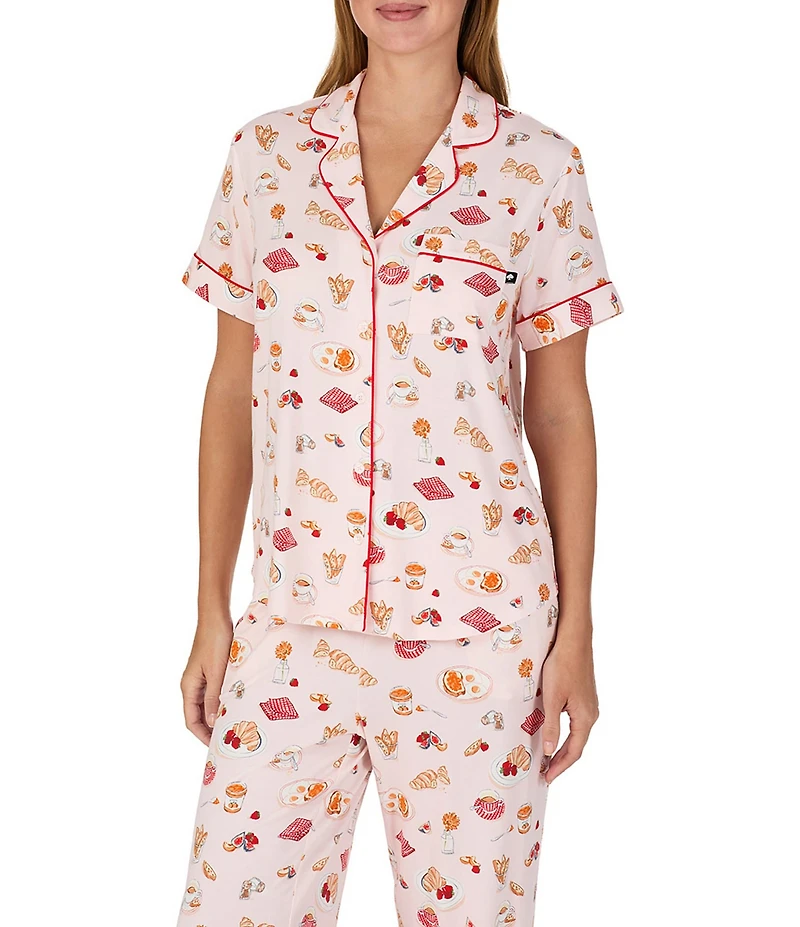 kate spade new york Coffee & Croissants Print Short Sleeve Notch Collar Jersey Knit Cropped Pajama Set