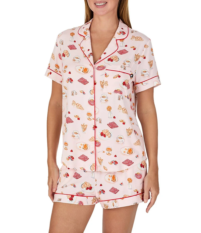 kate spade new york Coffee & Croissants Print Short Sleeve Notch Collar Jersey Knit Shorty Pajama Set