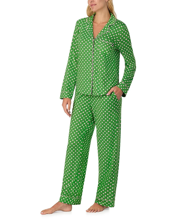 kate spade new york Cozy Jersey Knit Dotted Long Sleeve Notch Collar Holiday Pajama Set