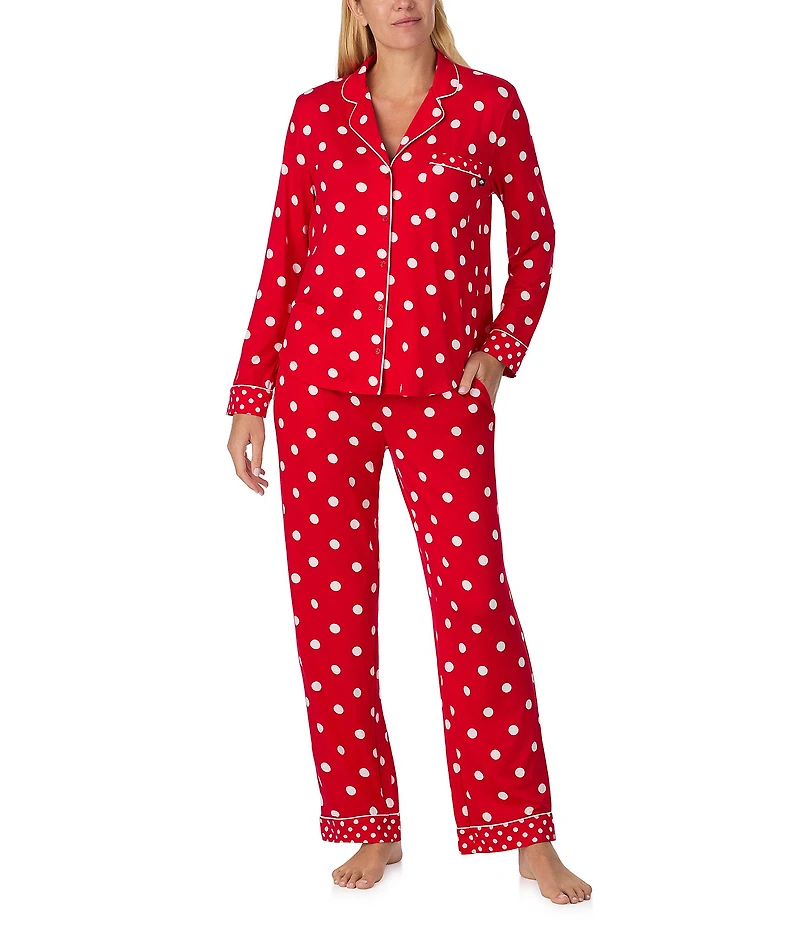 kate spade new york Cozy Jersey Knit Dotted Long Sleeve Notch Collar Holiday Pajama Set