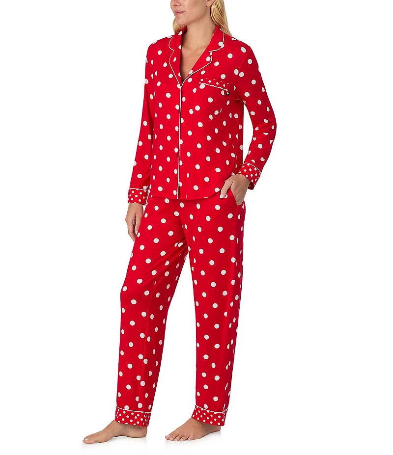 kate spade new york Cozy Jersey Knit Dotted Long Sleeve Notch Collar Holiday Pajama Set