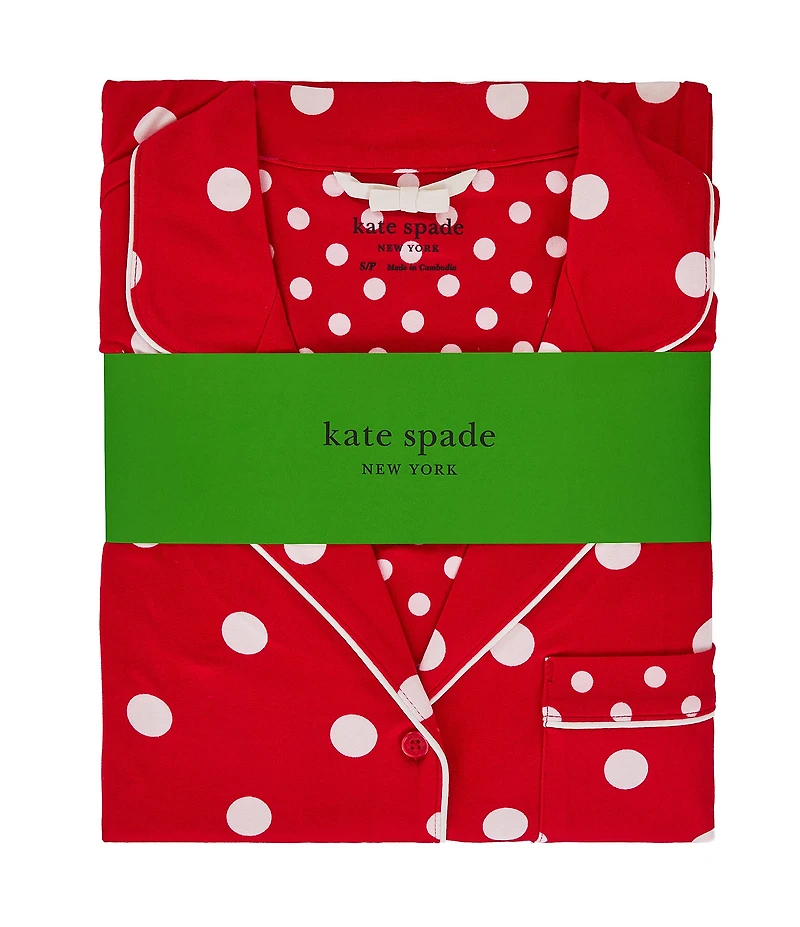 kate spade new york Cozy Jersey Knit Dotted Long Sleeve Notch Collar Holiday Pajama Set