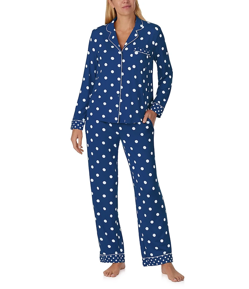 kate spade new york Cozy Jersey Knit Dotted Long Sleeve Notch Collar Holiday Pajama Set