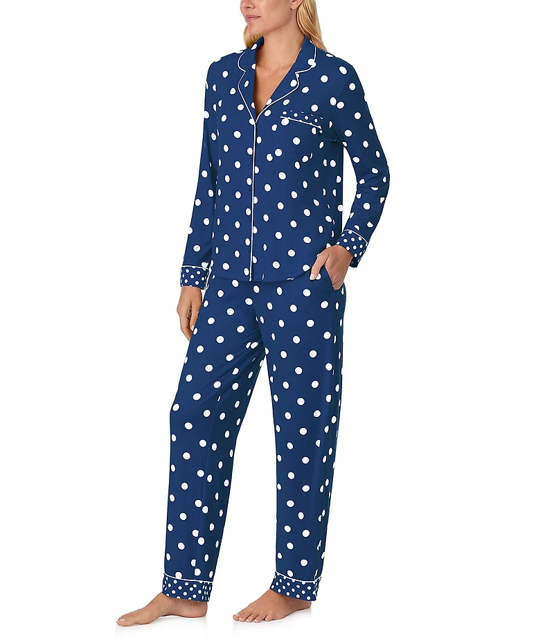 kate spade new york Cozy Jersey Knit Dotted Long Sleeve Notch Collar Holiday Pajama Set