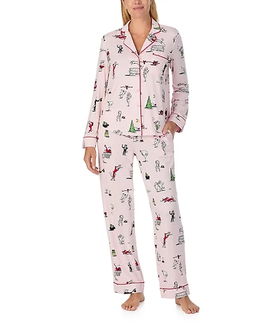 kate spade new york Cozy Jersey Knit Holiday Party Print Long Sleeve Notch Collar Holiday Pajama Set