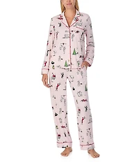 kate spade new york Cozy Jersey Knit Holiday Party Print Long Sleeve Notch Collar Holiday Pajama Set