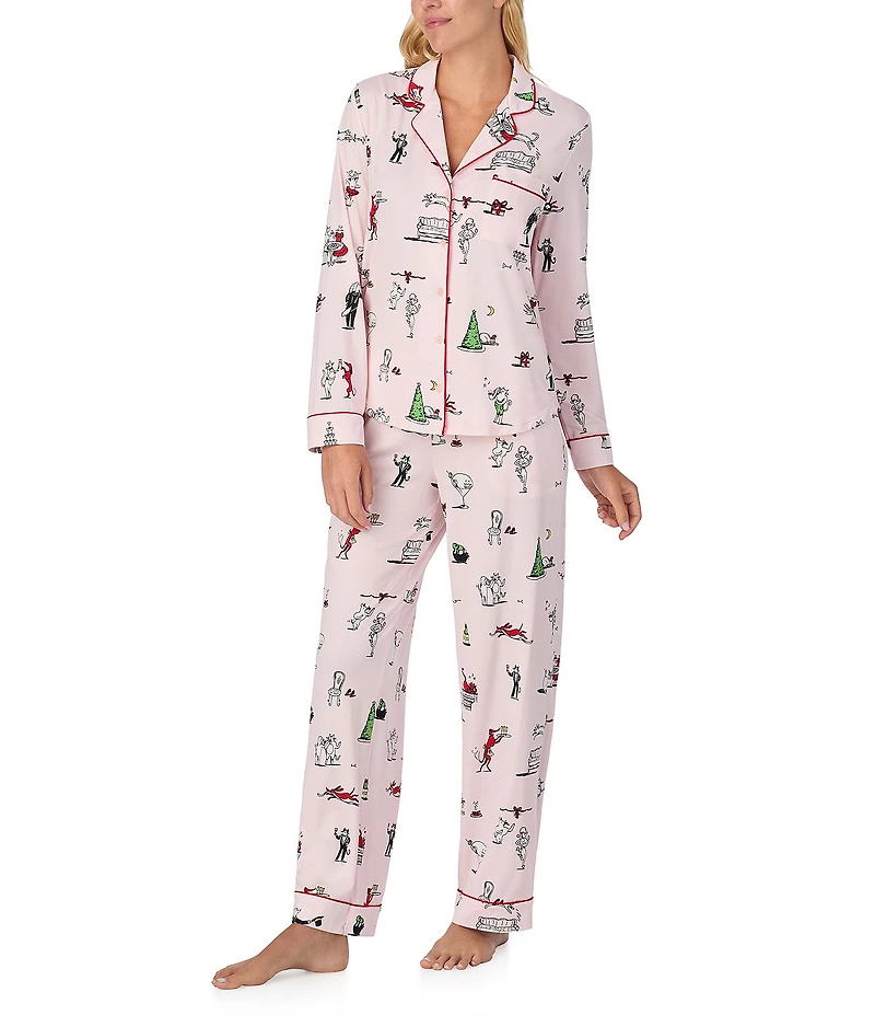 kate spade new york Cozy Jersey Knit Holiday Party Print Long Sleeve Notch Collar Holiday Pajama Set