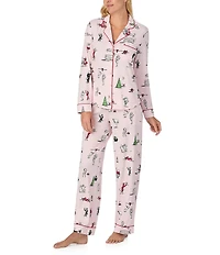 kate spade new york Cozy Jersey Knit Holiday Party Print Long Sleeve Notch Collar Holiday Pajama Set