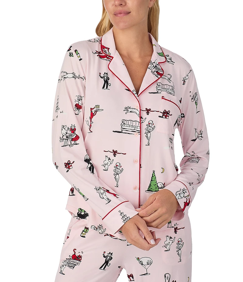 kate spade new york Cozy Jersey Knit Holiday Party Print Long Sleeve Notch Collar Holiday Pajama Set