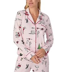 kate spade new york Cozy Jersey Knit Holiday Party Print Long Sleeve Notch Collar Holiday Pajama Set