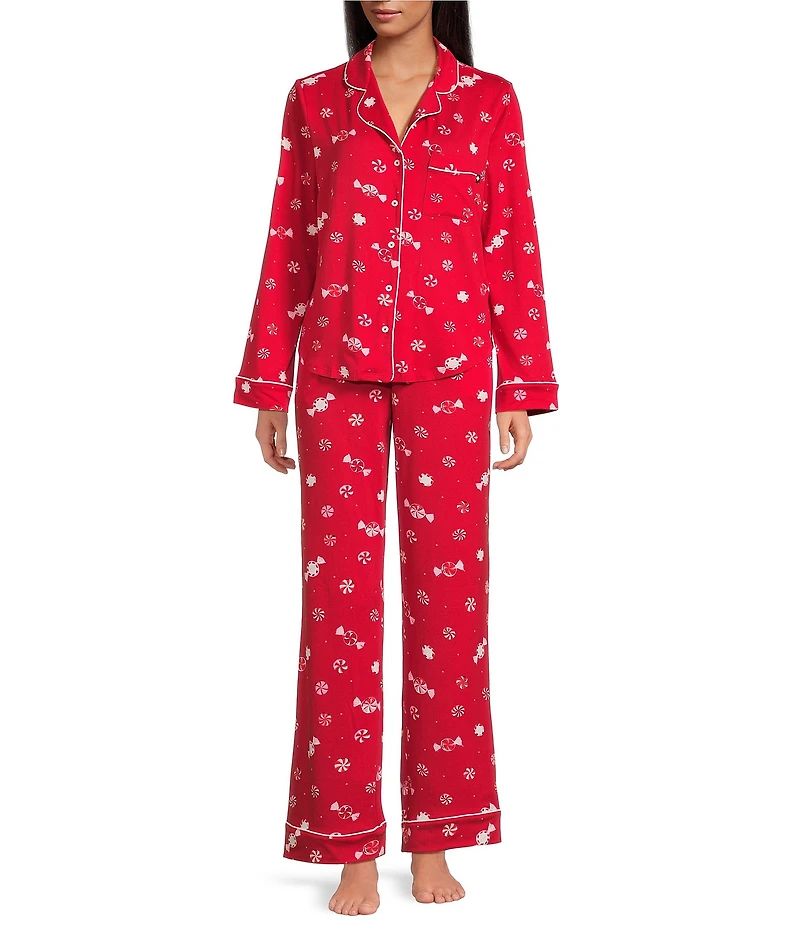 kate spade new york Cozy Jersey Knit Peppermint Dot Print Long Sleeve Notch Collar Holiday Pajama Set