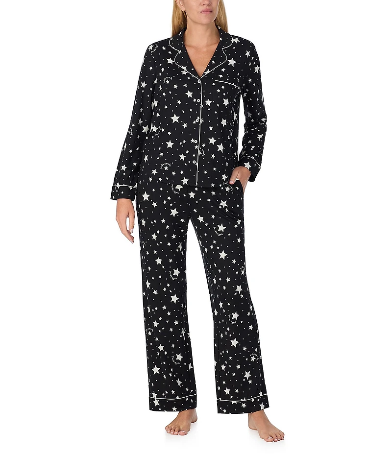 kate spade new york Cozy Jersey Knit Star Print Long Sleeve Notch Collar Holiday Pajama Set