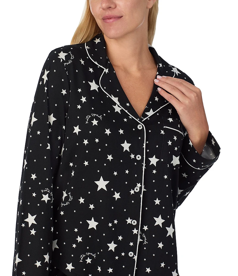 kate spade new york Cozy Jersey Knit Star Print Long Sleeve Notch Collar Holiday Pajama Set