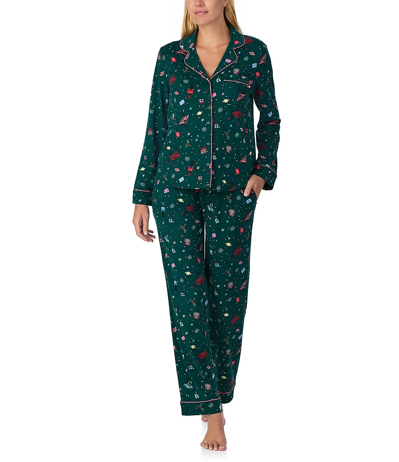 kate spade new york Cozy Jersey Knit Sugarplum Fairy Print Long Sleeve Notch Collar Holiday Pajama Set