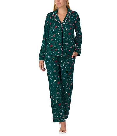 kate spade new york Cozy Jersey Knit Sugarplum Fairy Print Long Sleeve Notch Collar Holiday Pajama Set