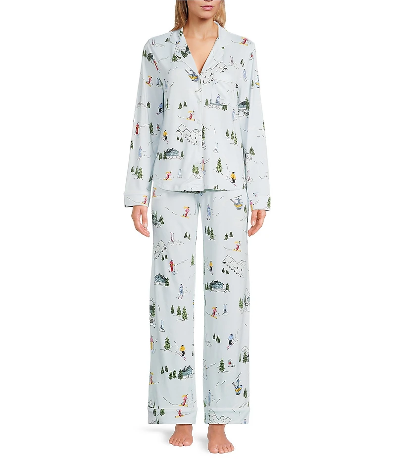 kate spade new york Cozy Jersey Knit Winter Village Print Long Sleeve Notch Collar Holiday Pajama Set