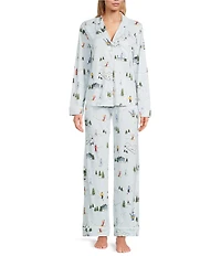kate spade new york Cozy Jersey Knit Winter Village Print Long Sleeve Notch Collar Holiday Pajama Set