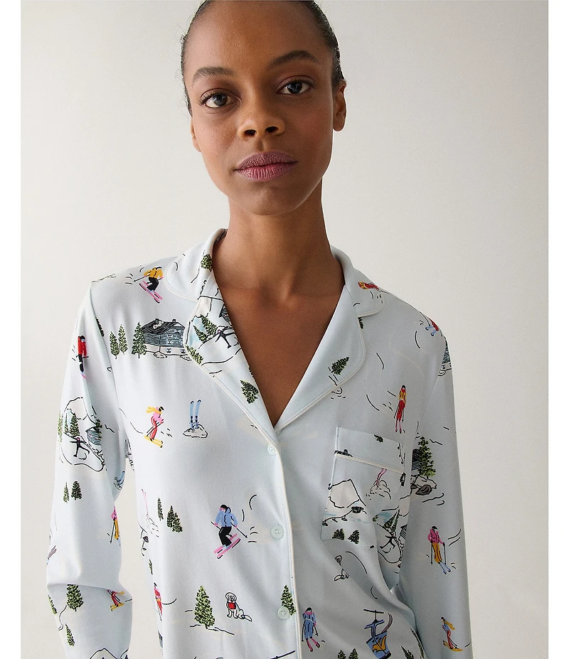 kate spade new york Cozy Jersey Knit Winter Village Print Long Sleeve Notch Collar Holiday Pajama Set