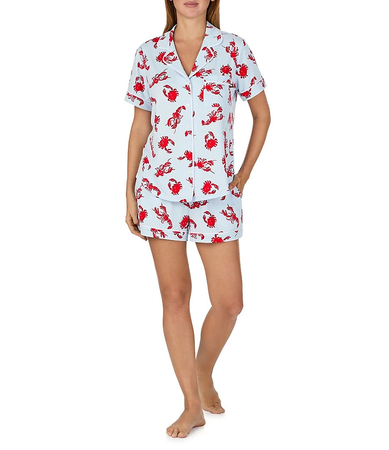 kate spade new york Crab & Lobster Toss Print Short Sleeve Notch Collar Brushed Jersey Knit Shorty Pajama Set